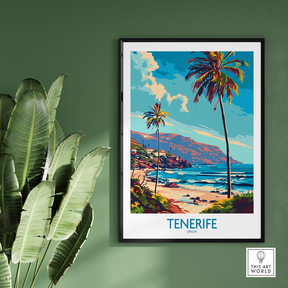 Tenerife Spain Leaning Palms Beach Mountain Backdrop Art Poster - Image 2