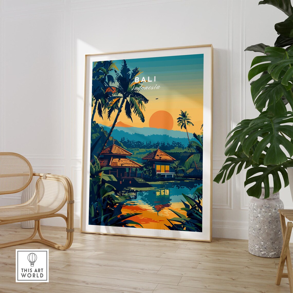 Bali Indonesia Sunset Temple Lake Reflection Palm Art Poster - Image 2