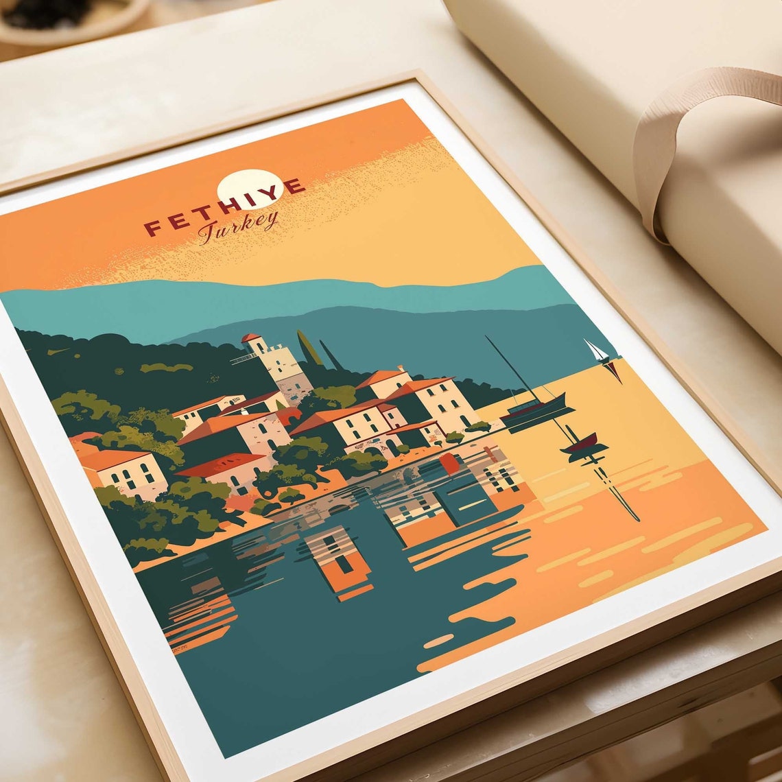 Fethiye Turkey Sunset Harbor Golden Water Reflection Art Poster