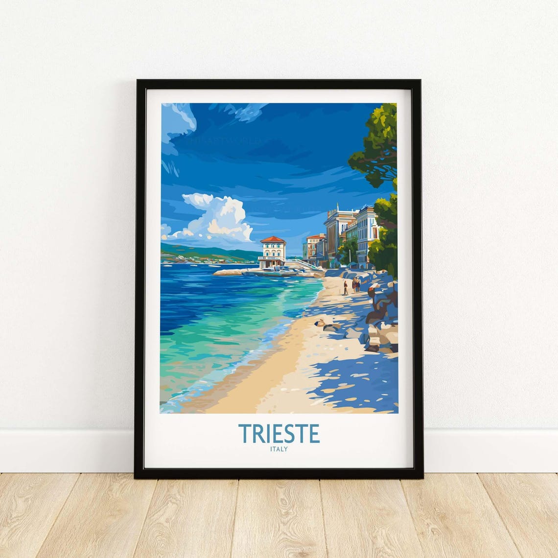 Trieste Italy Turquoise Sea Sandy Beach Vintage Travel Poster