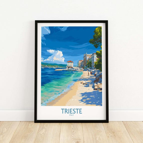 Trieste Italy Beach Poster Vintage Travel Art Coastal Wall Decor Seaside Print Wanderlust Home Gift Relaxing Vacation Scene