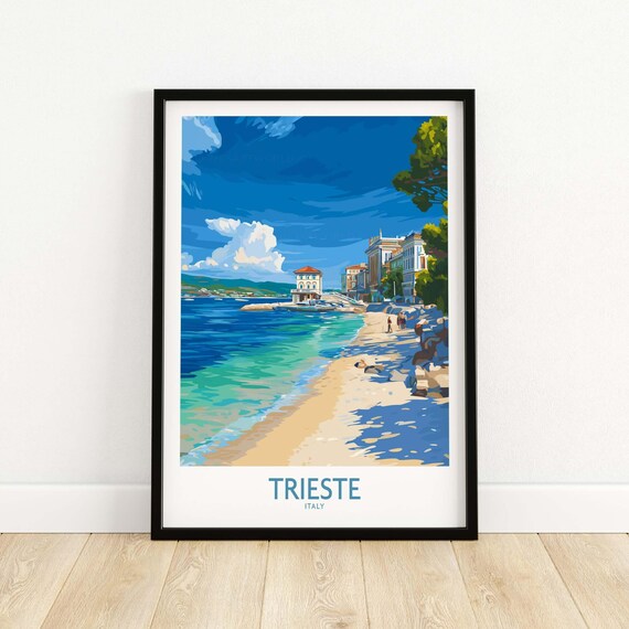 Trieste Italy Turquoise Sea Sandy Beach Vintage Travel Poster