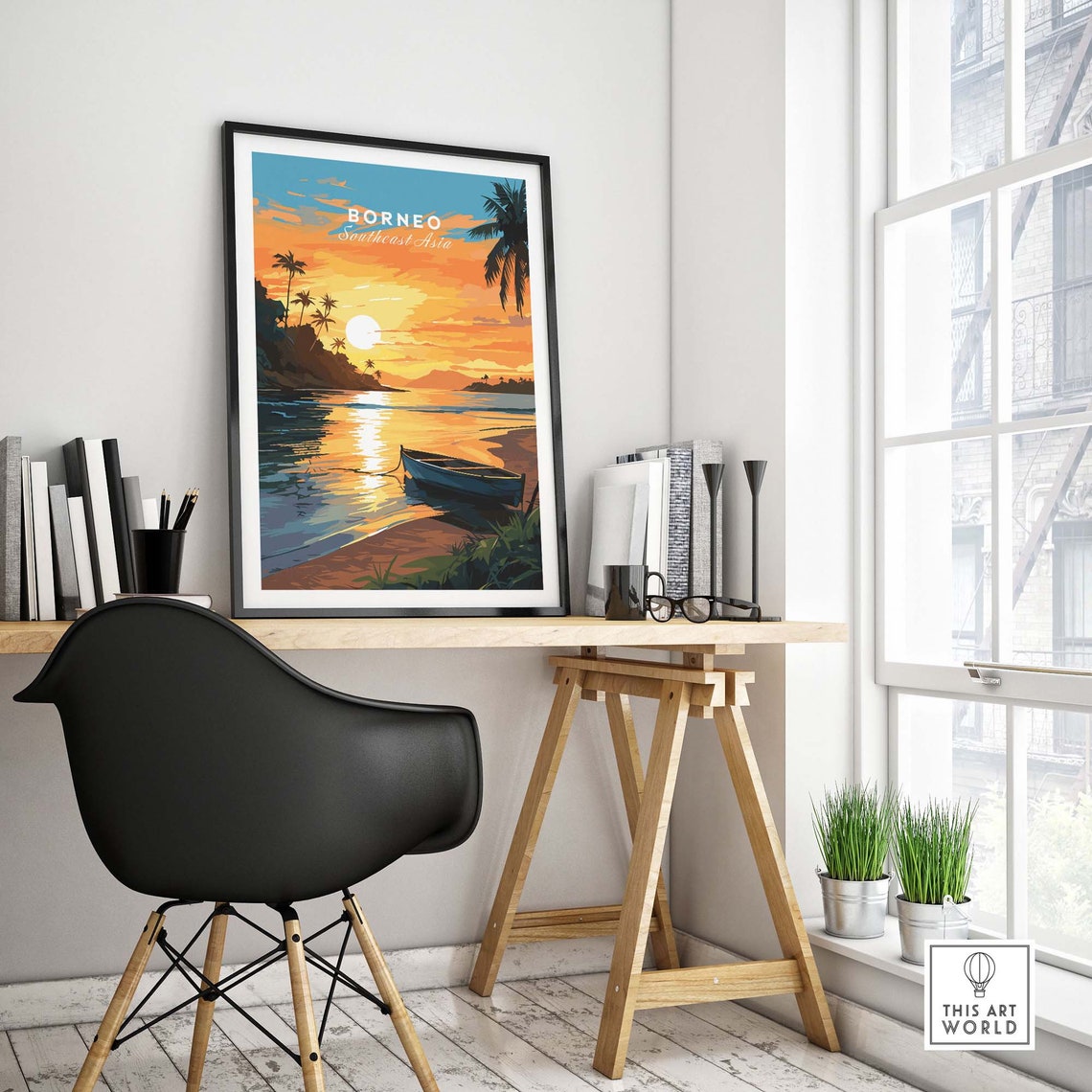 Tropical Borneo Southeast Asia Sunset Beach Boat Palm Coast Poster - Image 4