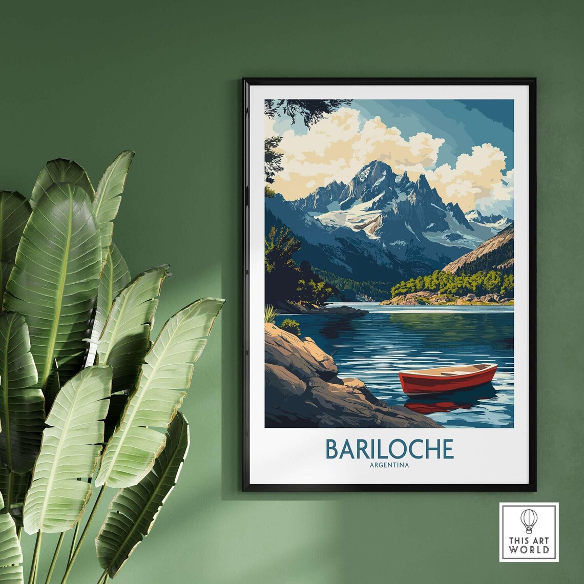 Bariloche Argentina Red Canoe Mountain Lake Retro Travel Poster - Image 2