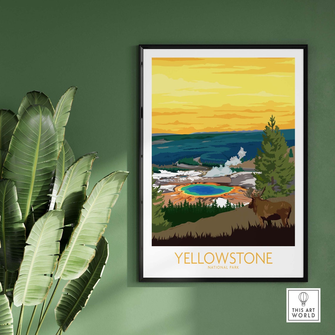 Yellowstone National Park Geyser Basin Elk Golden Sky Poster - Image 2