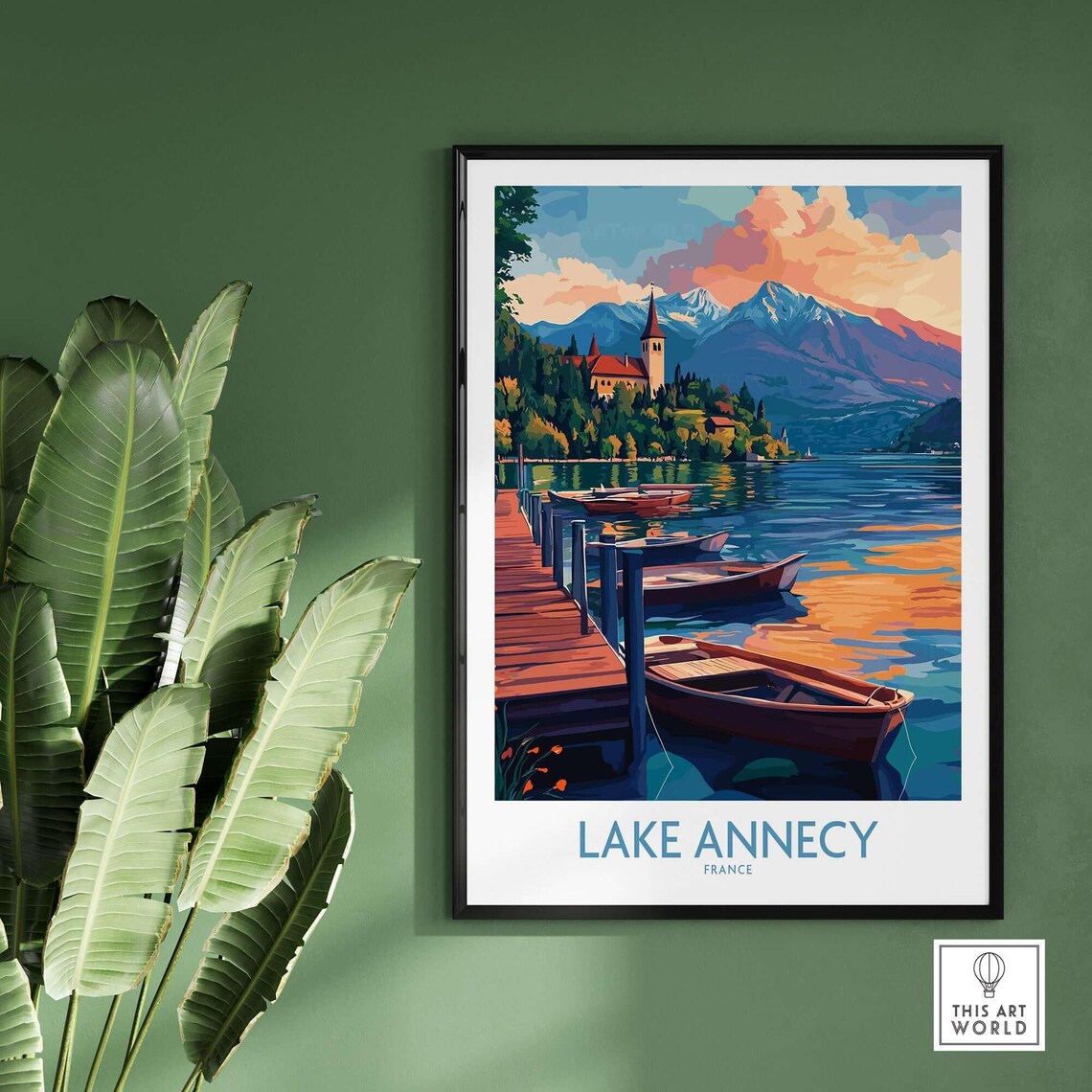 Lake Annecy France Rowboats Dock Mountain Sunset Vintage Travel Poster - Image 2