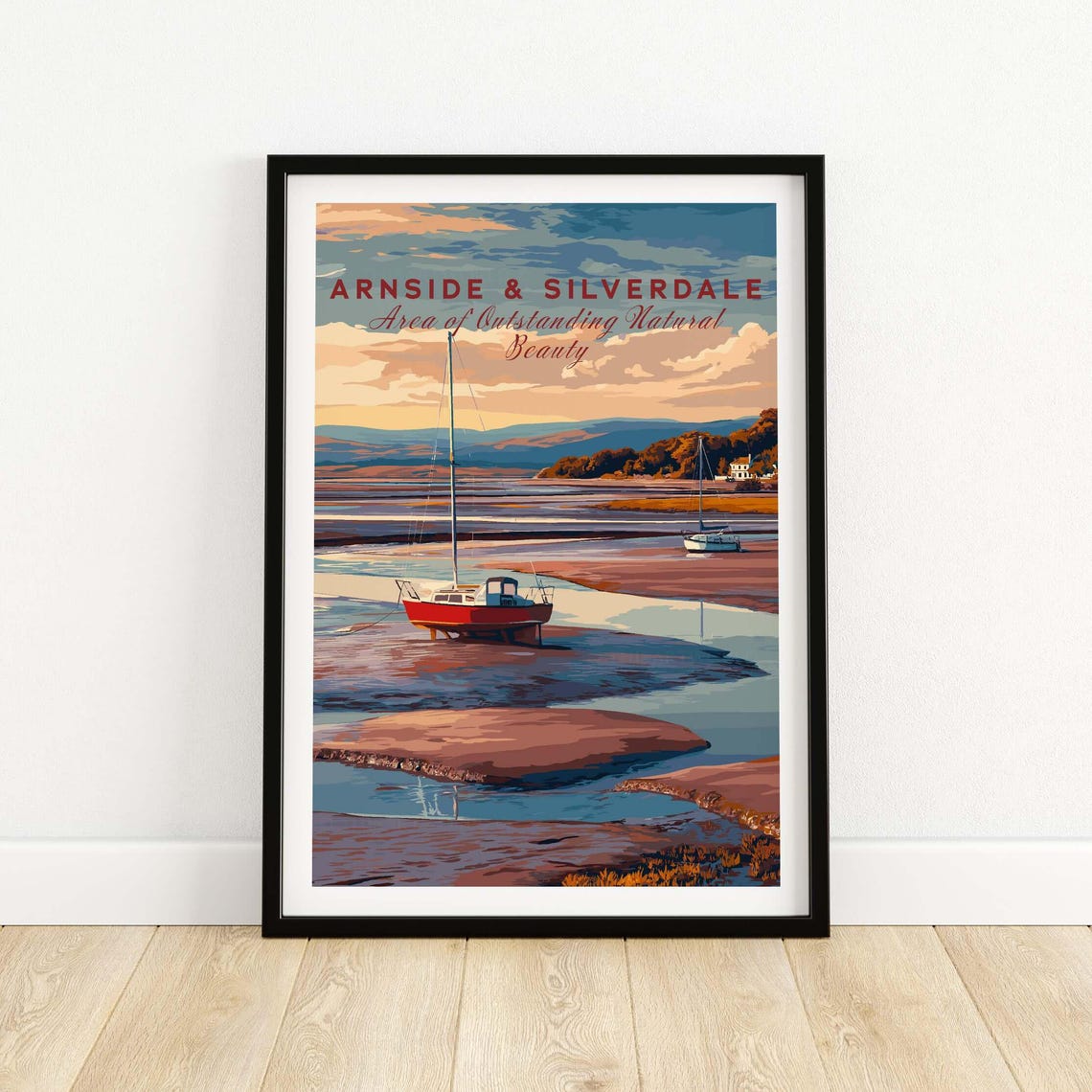 Arnside Silverdale AONB Low Tide Red Sailboat Sunset Scene Poster