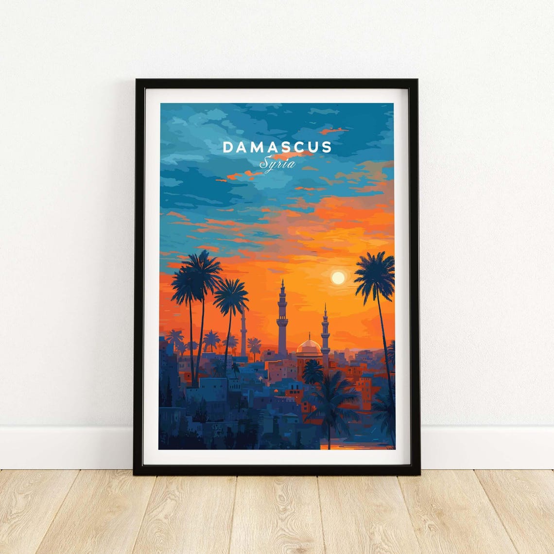 Damascus Syria Sunset Skyline Palm Trees Minarets Travel Art Print