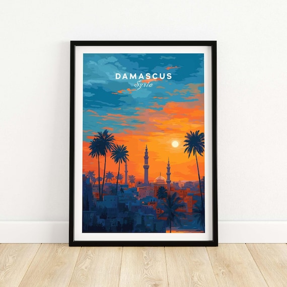 Damascus Syria Sunset Skyline Palm Trees Minarets Travel Art Print