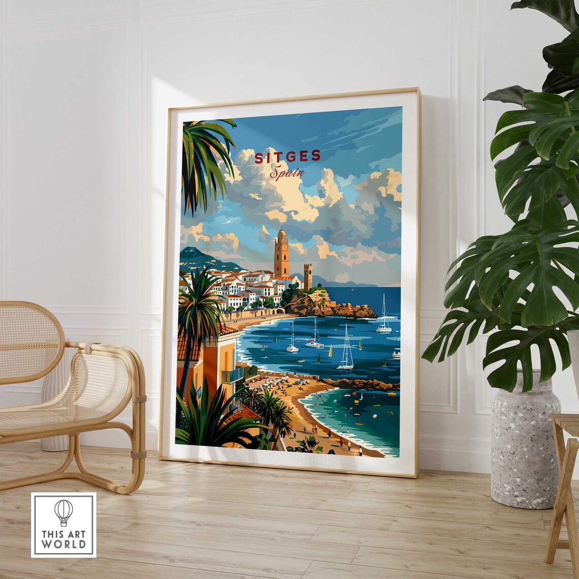 Sunny Sitges Spain Beach Church Sailboats Palm Coast View Poster - Image 2