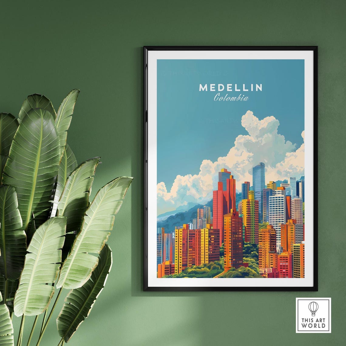 Medellin Colombia City Skyline Mountain Clouds Modern Art Poster - Image 2
