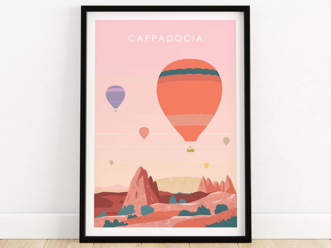 Cappadocia Turkey Travel Poster, Hot Air Balloon Art