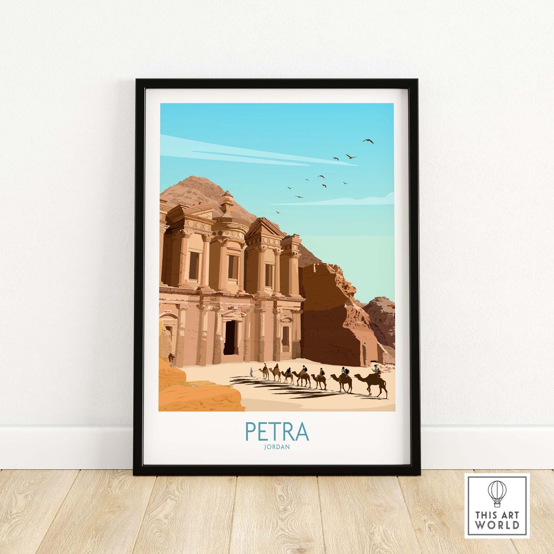 Petra Jordan Monastery Rock Facade Camel Caravan Travel Poster