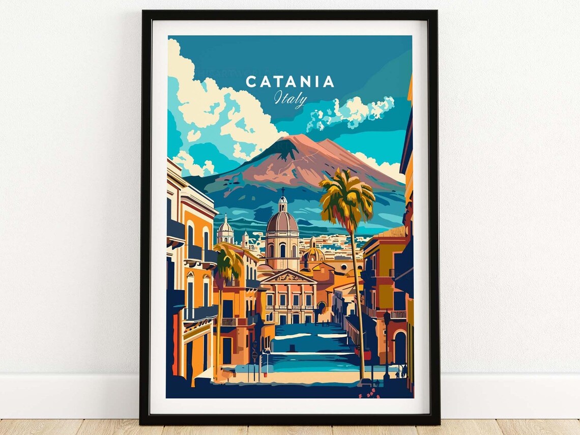 Catania Italy Baroque Street With Mount Etna Vintage Travel Poster