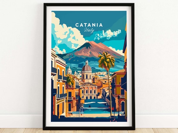 Catania Italy Baroque Street With Mount Etna Vintage Travel Poster