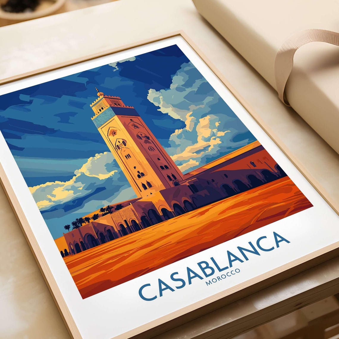 Casablanca Morocco Hassan II Mosque Minaret Sunset Travel Poster