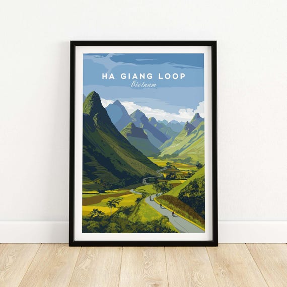 Ha Giang Loop Vietnam Travel Print Wide Valley Poster Motorbike River Landscape Art Gift Lovers Illustration