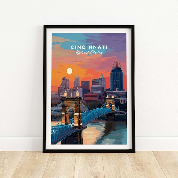 Cincinnati United States Sunset Skyline Roebling Bridge Travel Poster