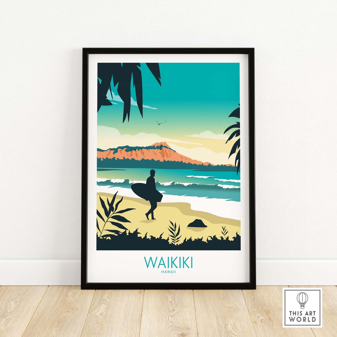 Waikiki Hawaii Surfer Diamond Head Beach Sunset Travel Poster