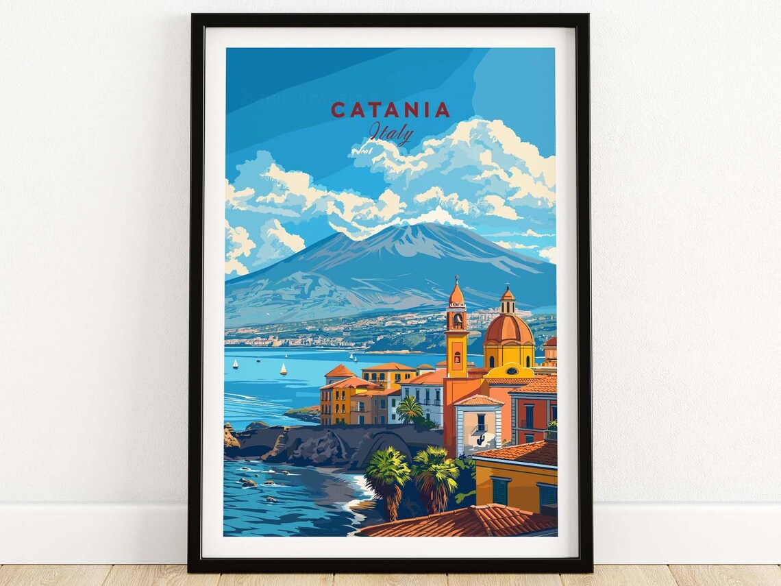 Catania Italy Mount Etna Harbor Orange Domes Travel Art Poster