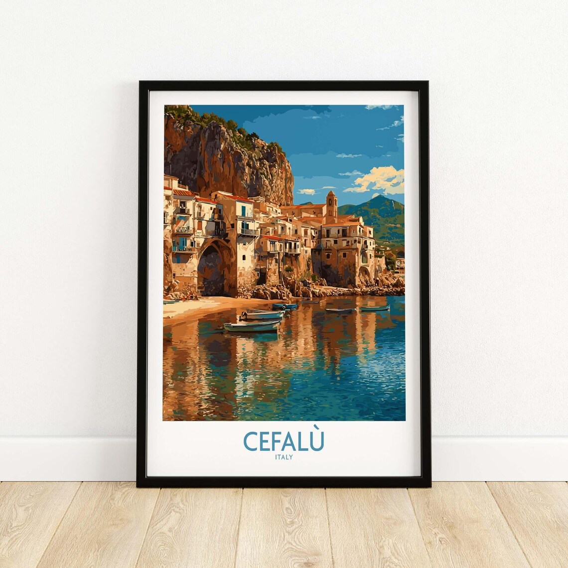Cefalu Italy Picturesque Coastal Town Cliffs Harbor Boats Poster