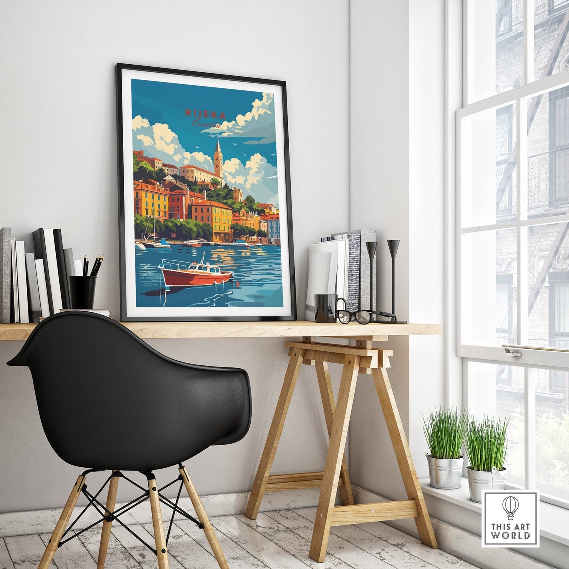 Rijeka Croatia Harbor Red Boat Coastal Town Sunset View Poster - Image 4