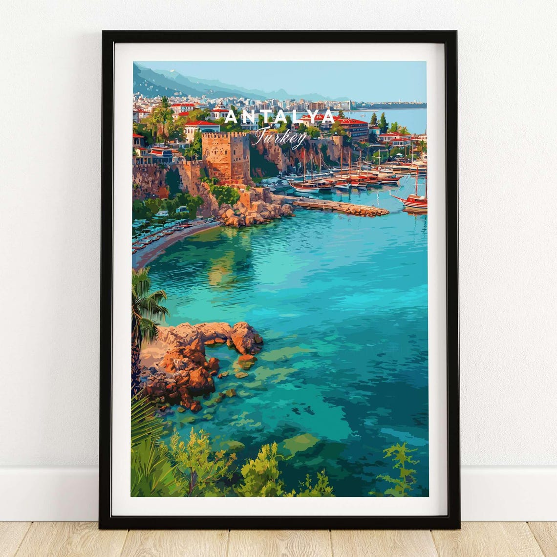 Antalya Turkey Old Harbor Marina Turquoise Sea Vintage Travel Poster