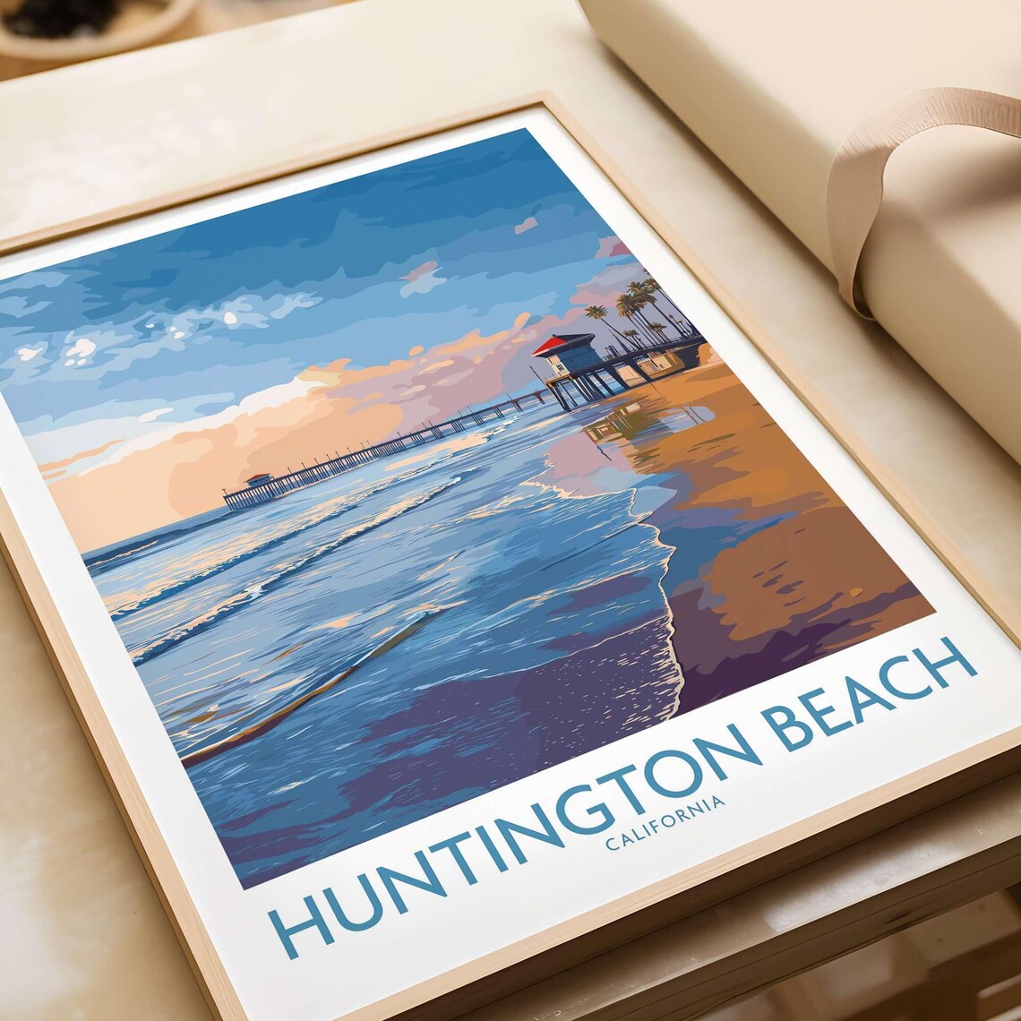 Huntington Beach California Pier Sunset Vintage Travel Poster