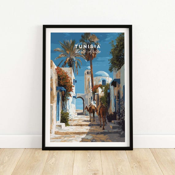 Tunisia Street Scene Print Camels In City Historic Town Wall Vintage Travel Poster North African Decor Wanderlust Gift