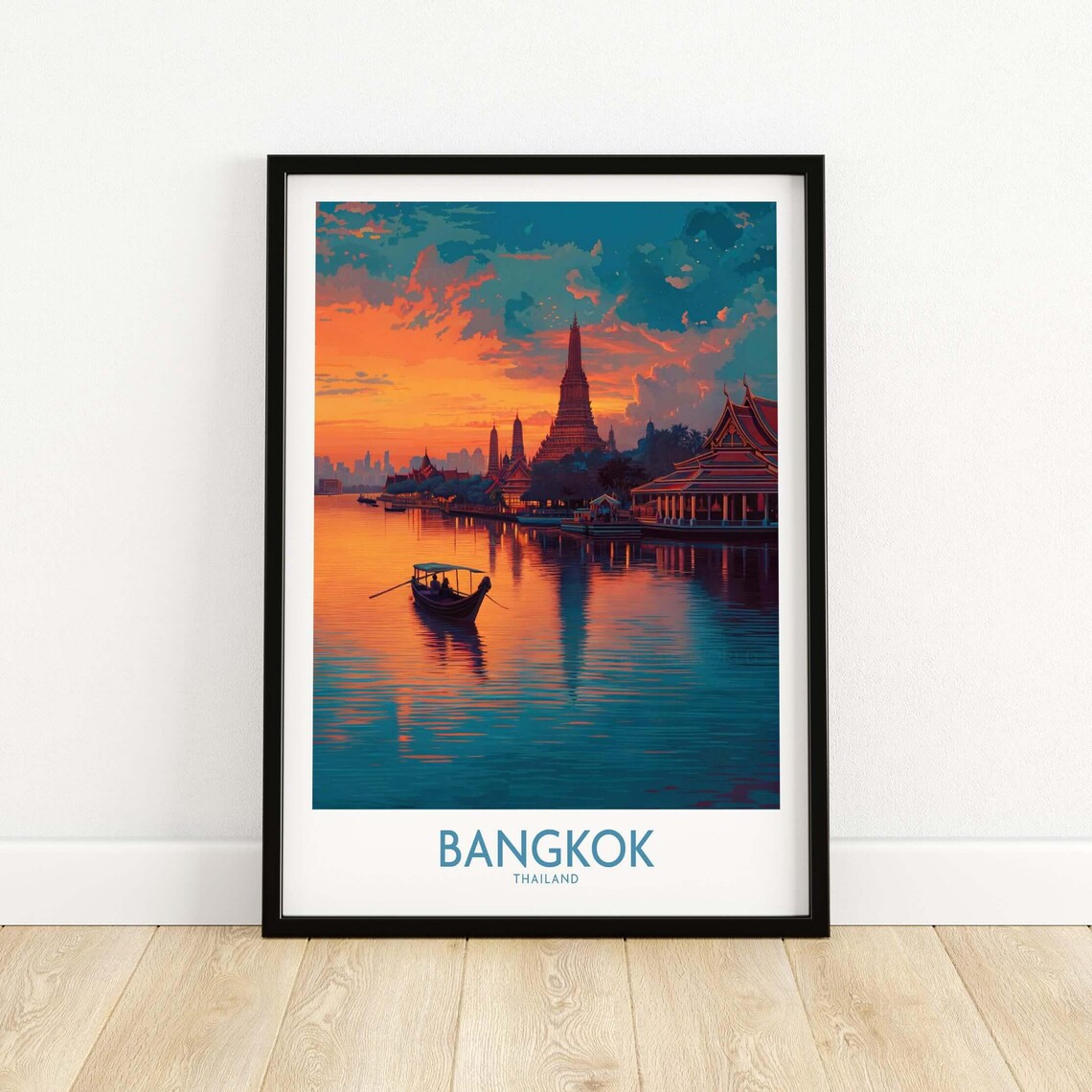 Bangkok Thailand Wat Arun Sunset River Travel Illustration Poster