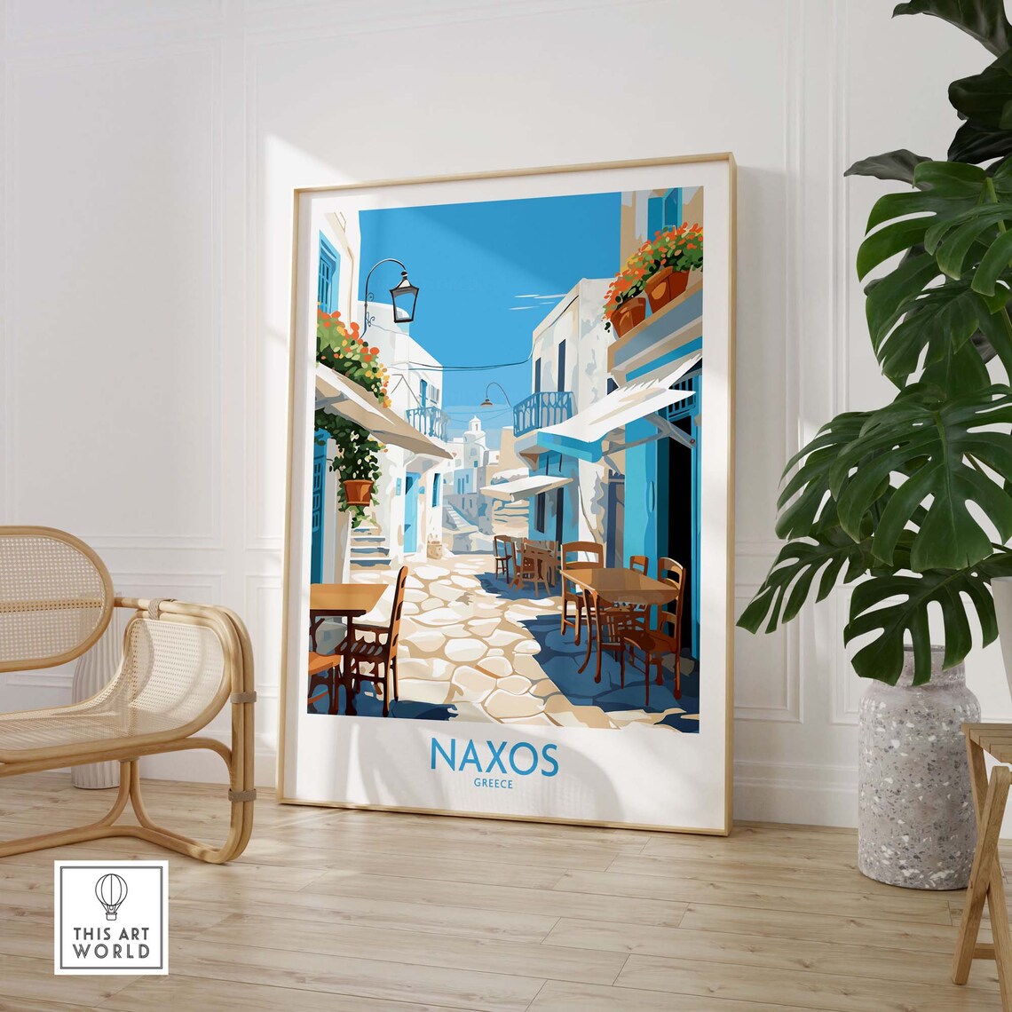 Naxos Greece White Cycladic Alley Street Cafes Bougainvillea Poster - Image 2