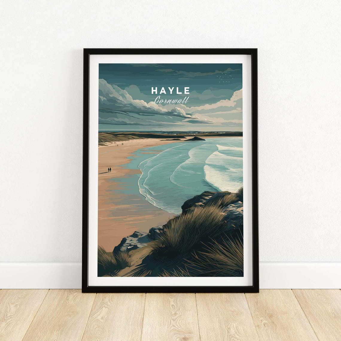 Hayle Cornwall Sandy Beach Cliffs Waves Coastal Illustration Poster