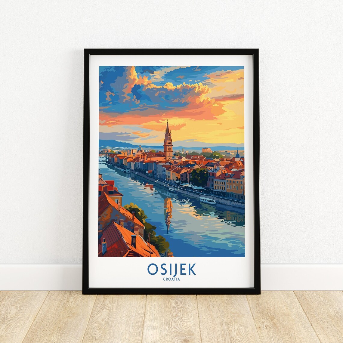 Osijek Croatia Sunset River Boats Church Tower Rooftops Travel Poster
