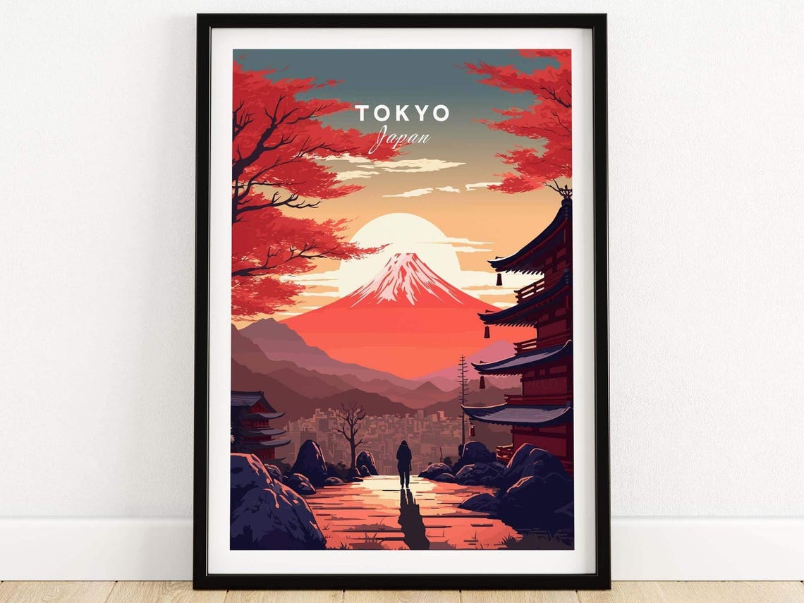 Tokyo Japan Mount Fuji Sunset Pagoda Red Autumn Trees Poster
