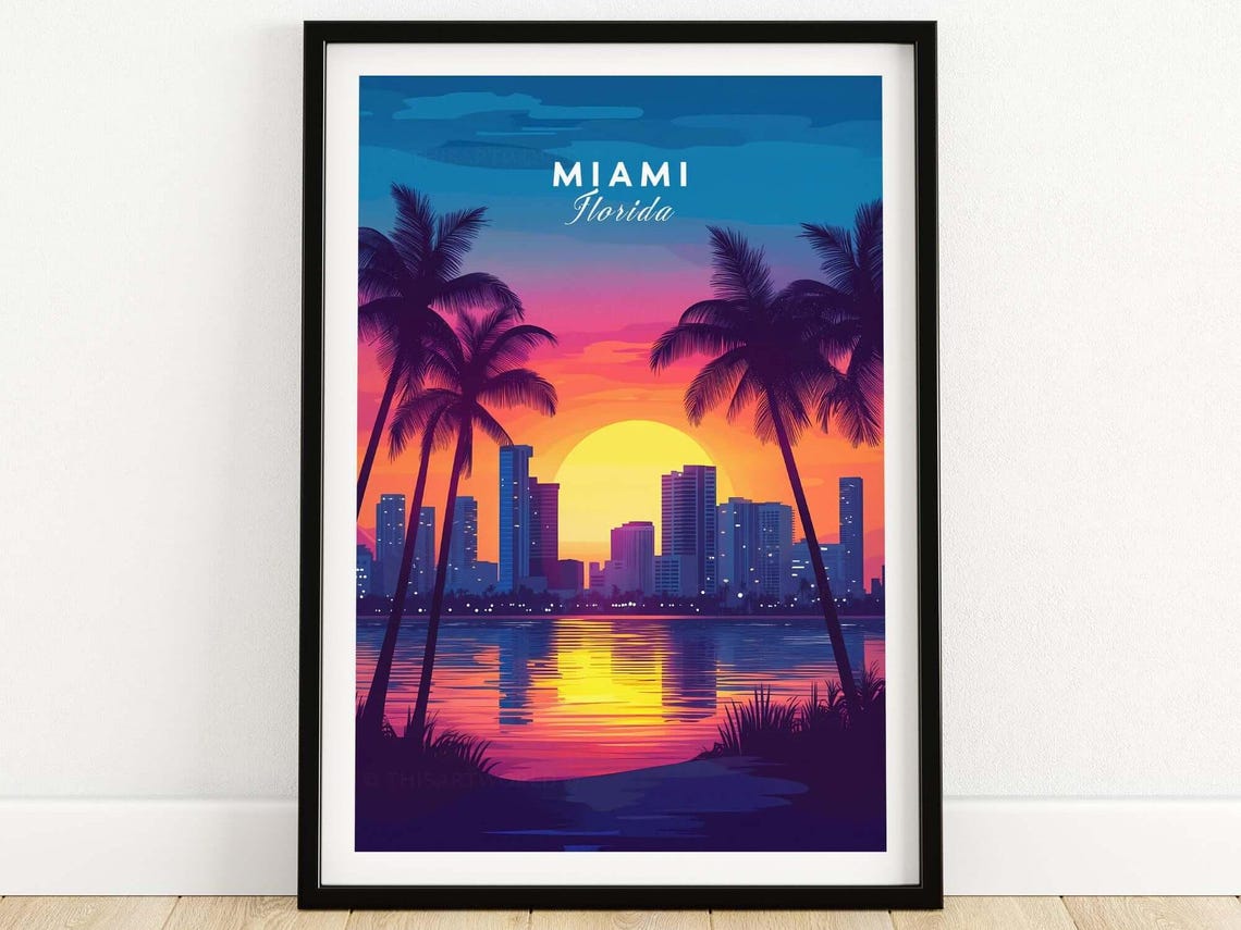Miami Florida Sunset Skyline Palm Trees Retro Beach Travel Poster