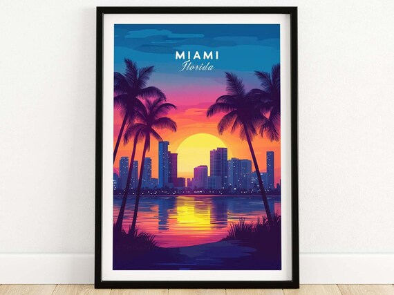 Miami Florida Sunset Skyline Palm Trees Retro Beach Travel Poster