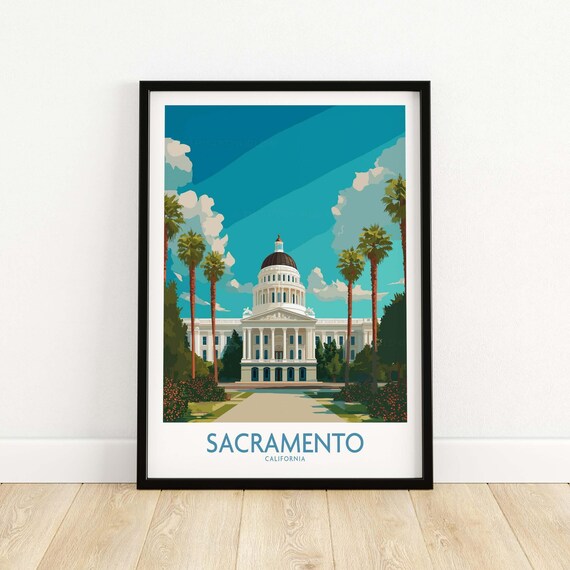 Sacramento California State Capitol Palm Trees Sunny Day Travel Poster