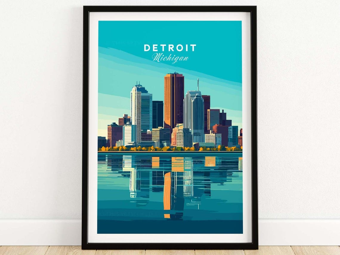 Detroit Michigan Turquoise Skyline Reflection Modern Travel Poster