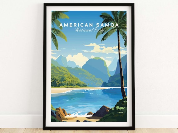 American Samoa National Park Beach Palms Mountains Travel Poster