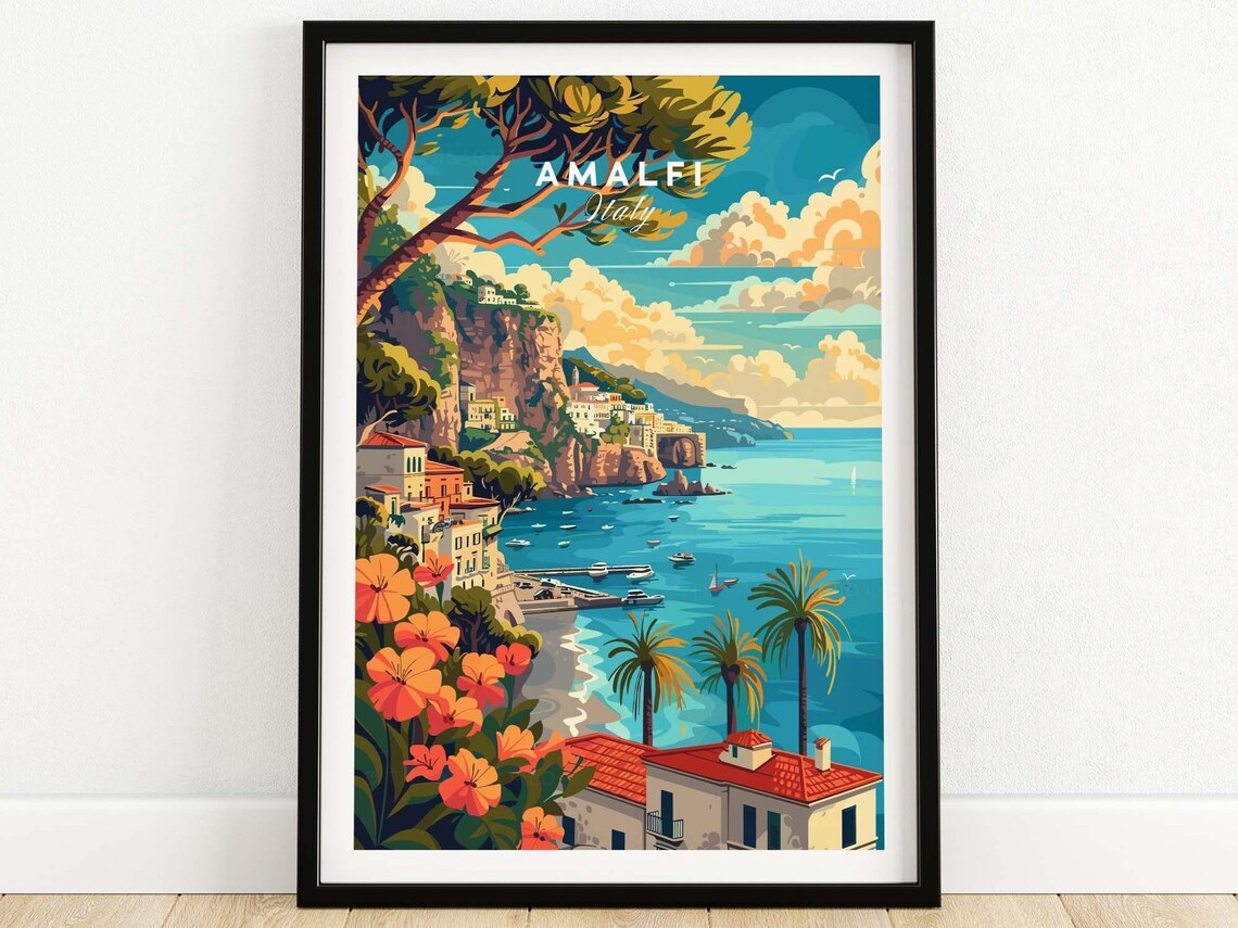 Amalfi Italy Cliffside Coastline Bougainvillea Sea View Travel Poster