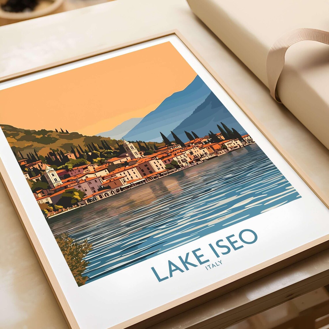 Lake Iseo Italy Sunset Over Lakeside Old Town Vintage Travel Poster