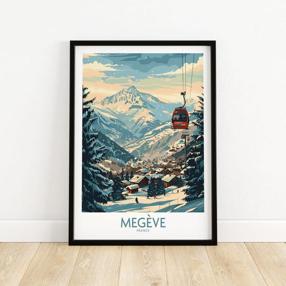 Megve Wall Art Poster France Ski Travel Print Framed Skiing Gift Resort Artwork Winter Sports