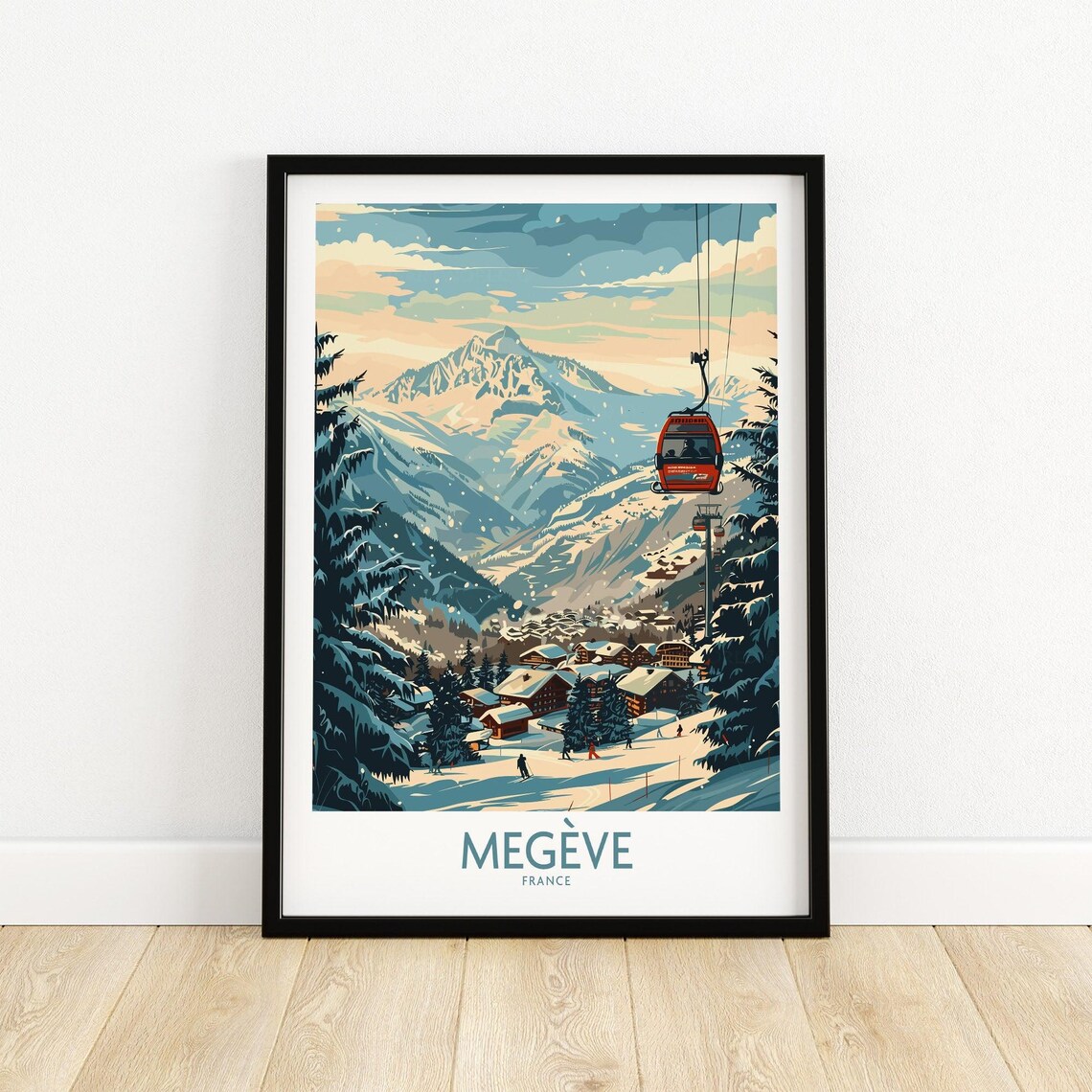 Megeve France Cable Car Gondola Above Snowy Alpine Village Poster