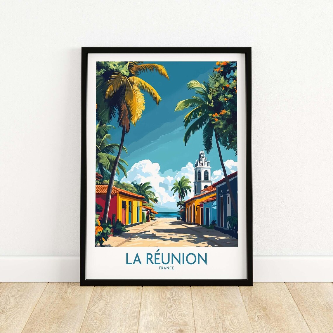La Reunion France Tropical Street Palms Church Travel Poster