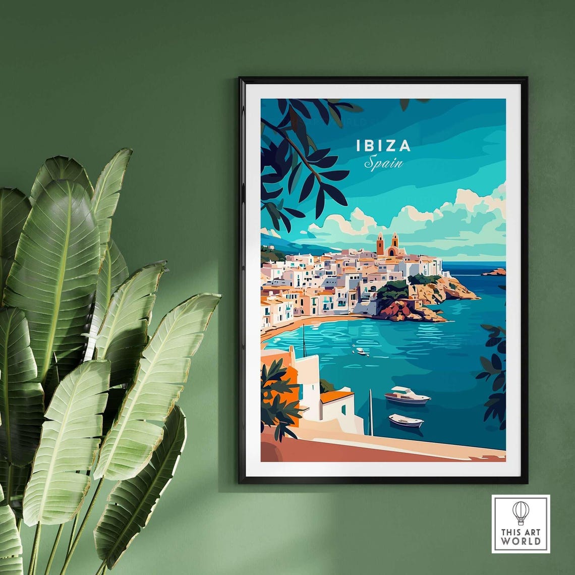 Ibiza Spain Old Town Hilltop Over Turquoise Harbor Sunny Travel Poster - Image 2