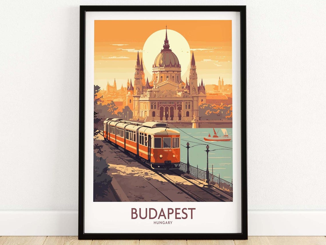 Budapest Hungary Parliament Tram Danube Sunset Travel Poster