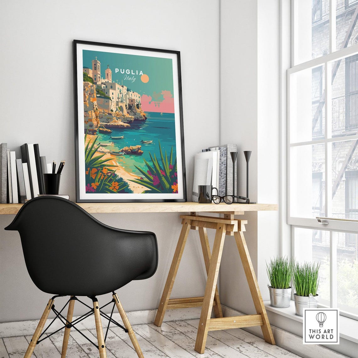 Puglia Italy Whitewashed Cliff Town Fishing Boats Sunrise Poster - Image 4