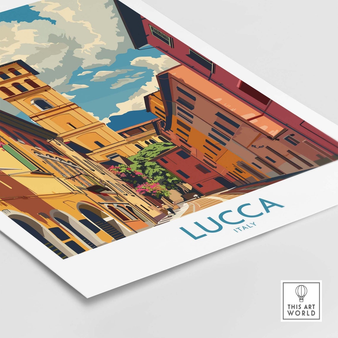 Lucca Tuscany Old Town Street Medieval Tower Flowers View Poster - Image 4
