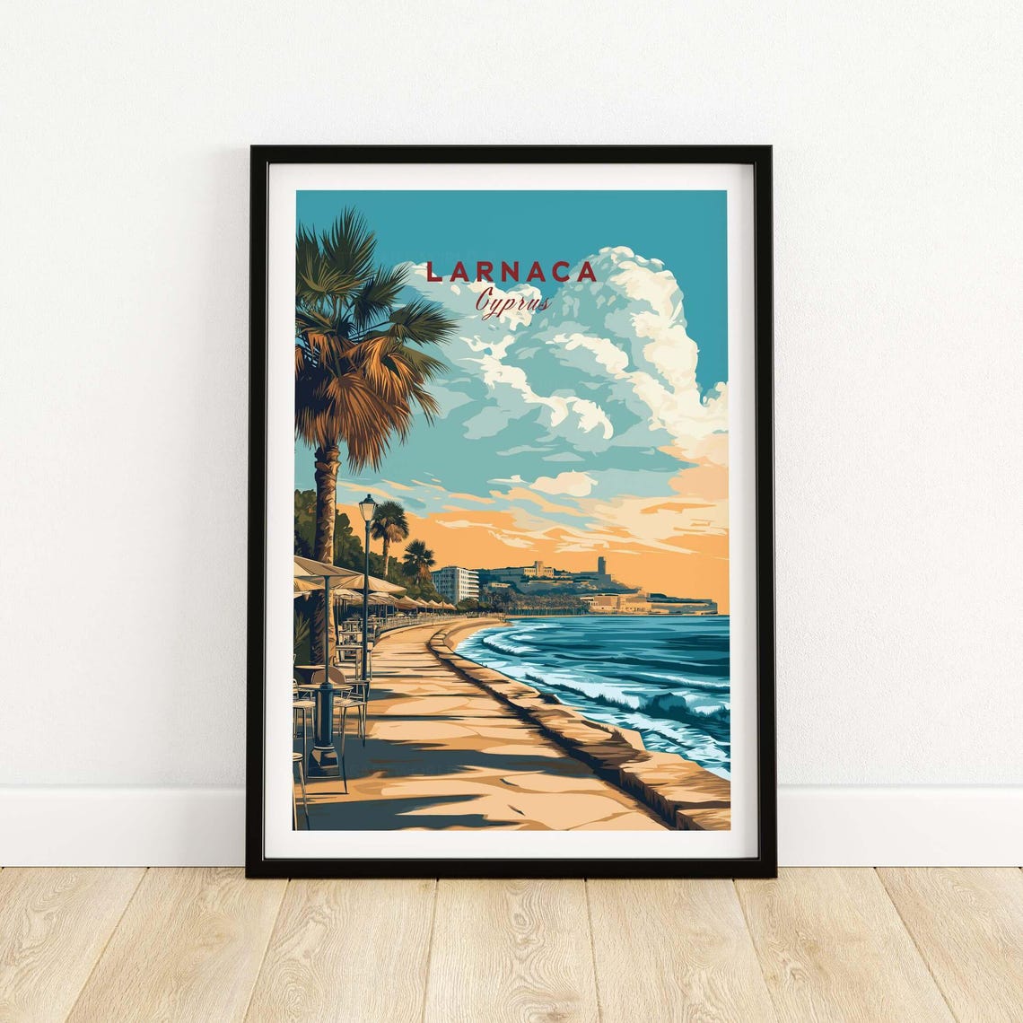 Larnaca Cyprus Sunset Beachfront Promenade Retro Travel Poster