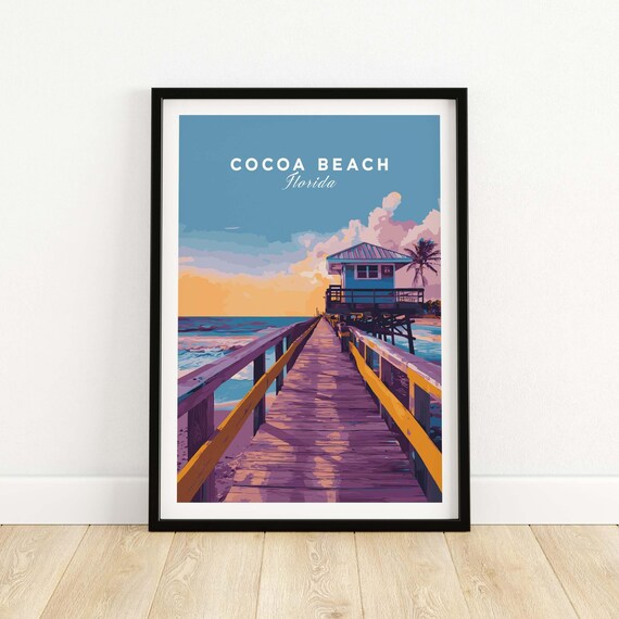 Cocoa Beach Florida Pier Sunset Lifeguard Hut Travel Scene Poster